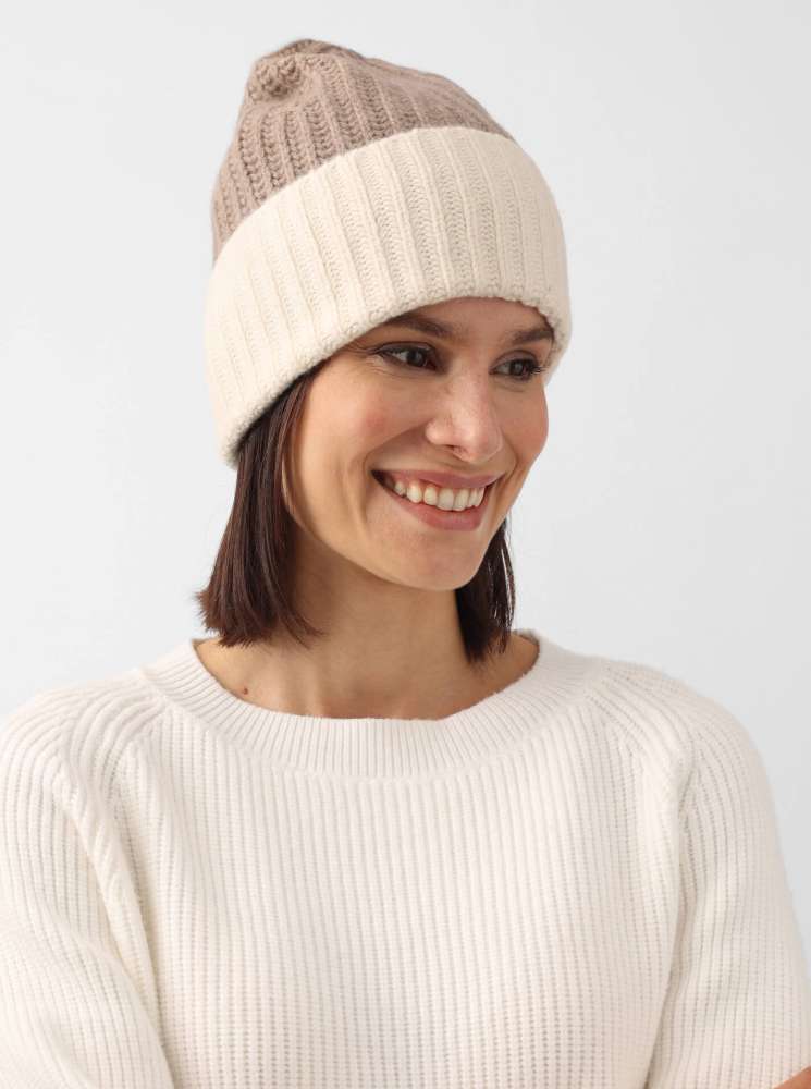 💕 Zwillingsherz Mütze Ribbon Beanie Luxus "Color" 100 % Kaschmir Gerippt Beige Wollweiß