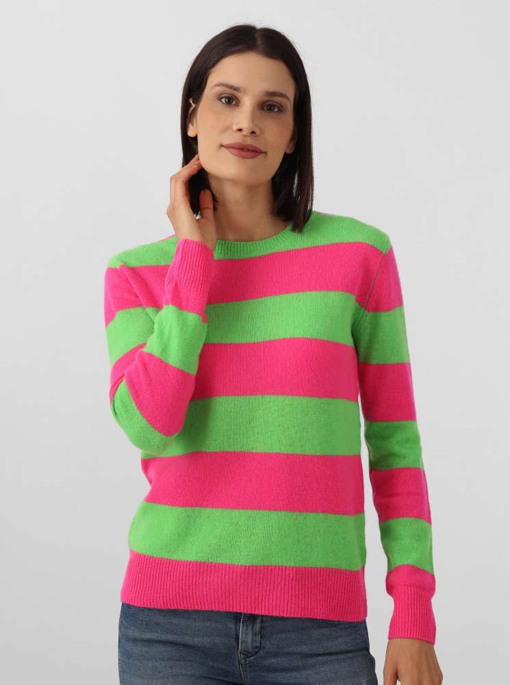 💕 Zwillingsherz Pullover Pulli "Streifen" 100 % Kaschmir Cashmere Neonpink Grün