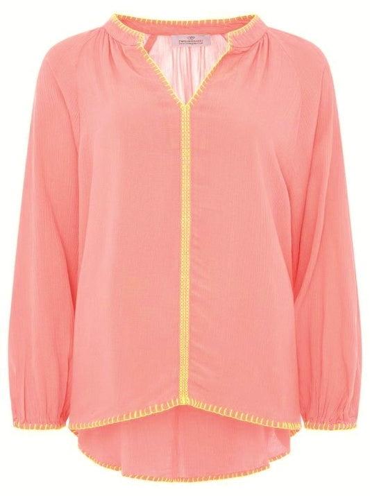 💕 Zwillingsherz Bluse "Neon Stickerei" 100 % Viskose Koralle