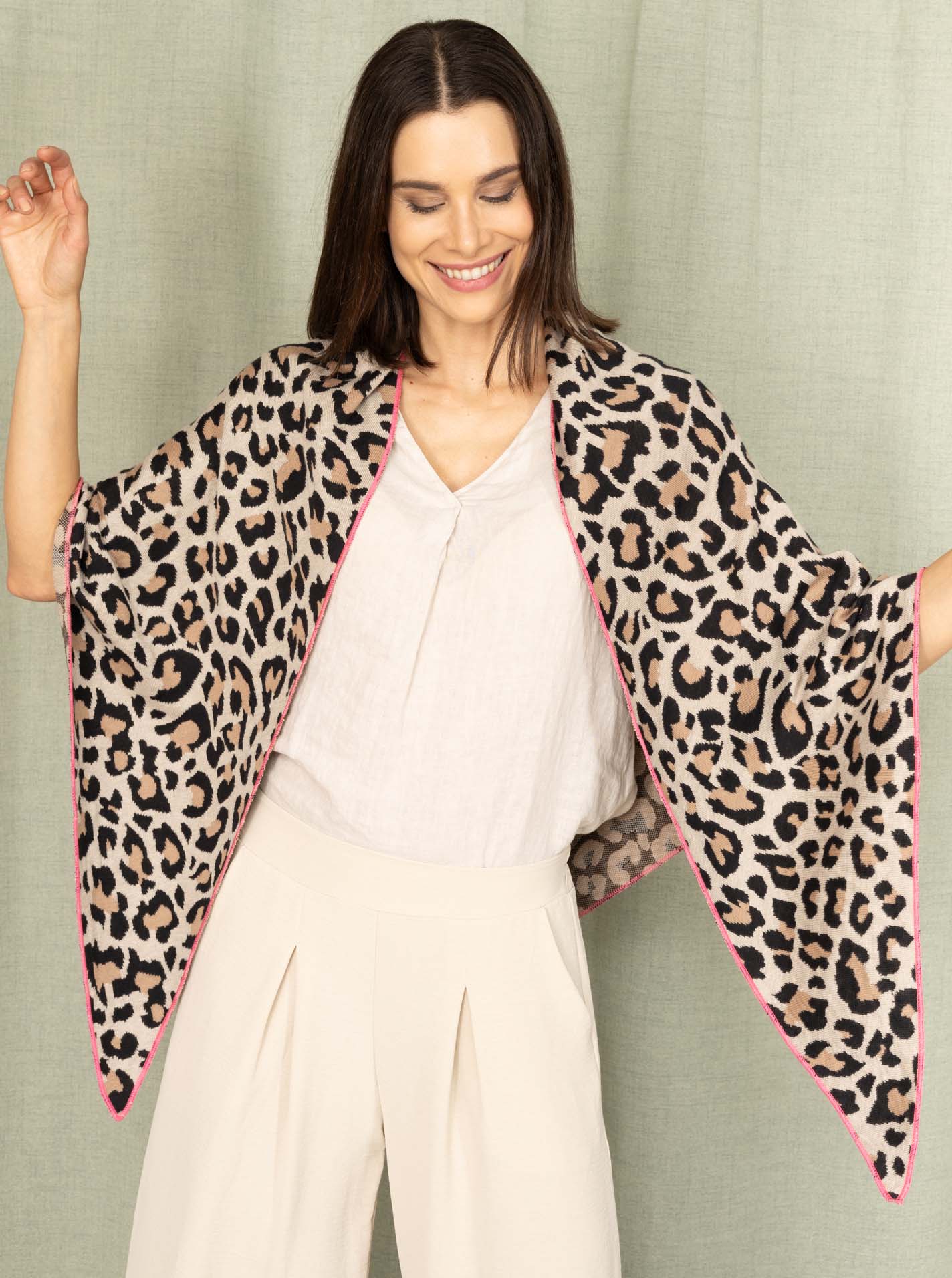 💕 Zwillingsherz Dreieckstuch "Kristine" Baumwolle Leo Beige mit Pink Rand