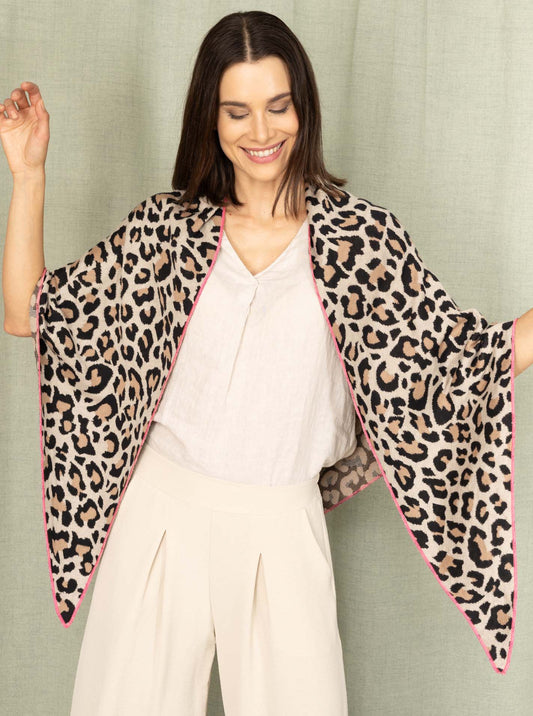 💕 Zwillingsherz Dreieckstuch "Kristine" Baumwolle Leo Beige mit Pink Rand