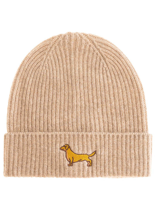 💕 Zwillingsherz Mütze "Dackel" 100 % Kaschmir Umschlag Mittelbeige