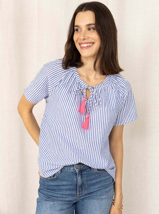 💕 Zwillingsherz Bluse "Neon Streifen" Kurzarm Baumwolle Jeansblau