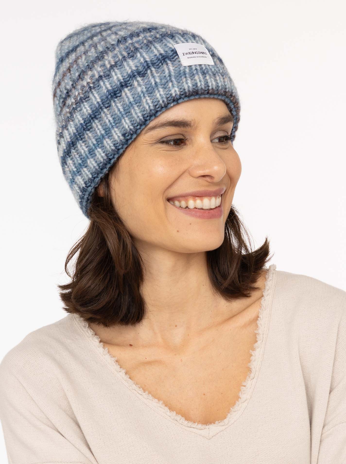 💕 Zwillingsherz Mütze "Rainbow" Beanie Wolle Viskose Blau