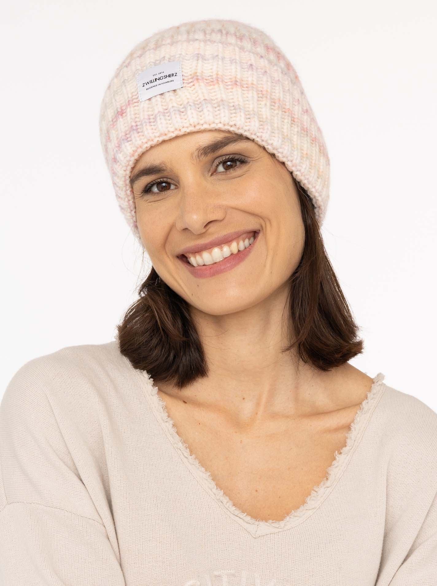 💕 Zwillingsherz Mütze "Rainbow" Beanie Wolle Viskose Rosa