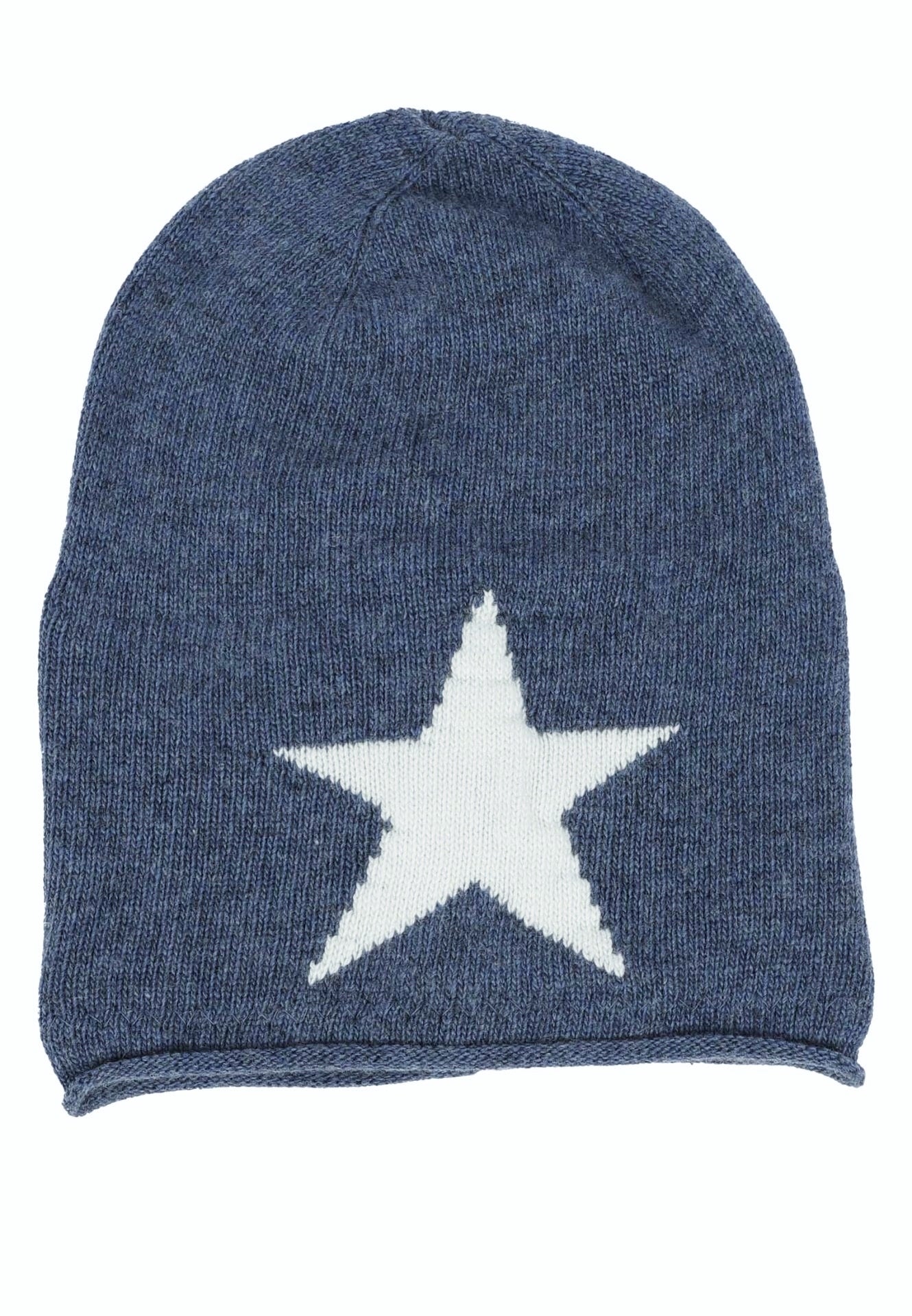 💕 Zwillingsherz Mütze "Sternlein" Beanie Kaschmir Wolle Viskose Fleece Jeansblau