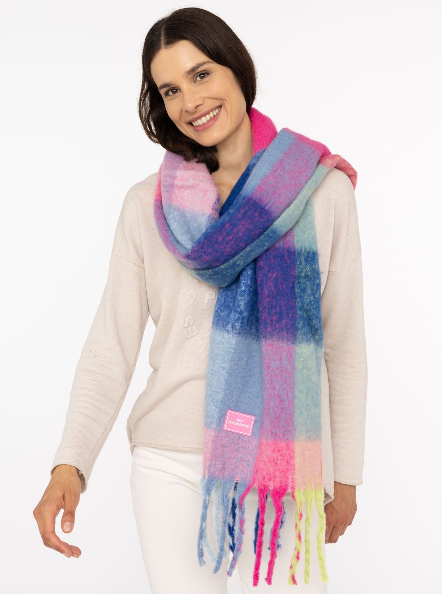 💕 Zwillingsherz Schal "Karos & Big Tassel" Blau