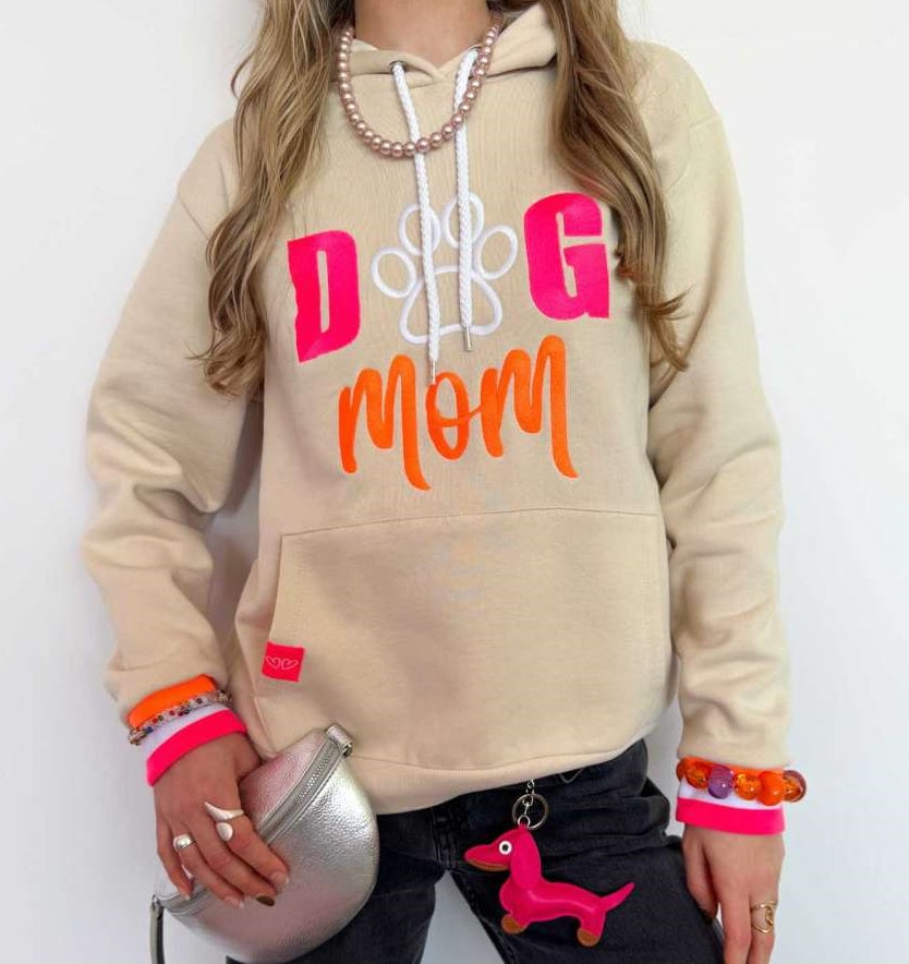 💕 Zwillingsherz Sweatshirt Hoodie "Dog Mom" Sweater Baumwolle Beige