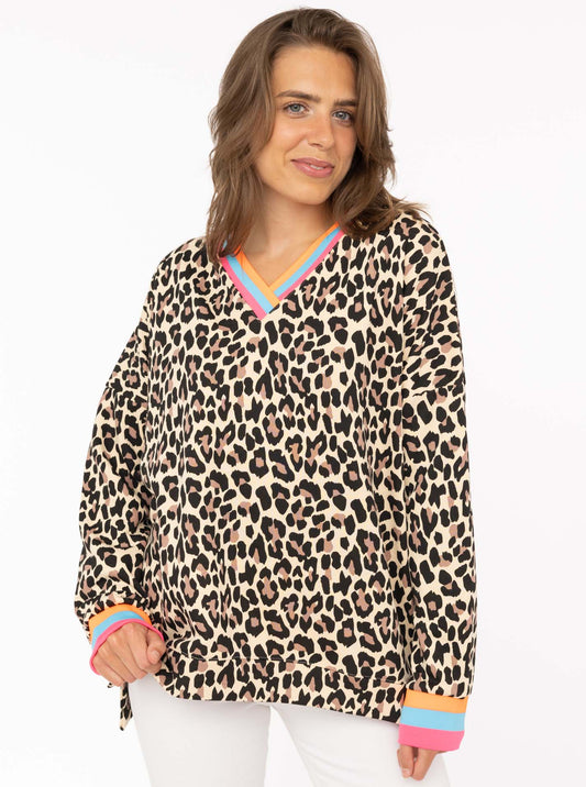 💕 Zwillingsherz Sweatshirt "Leo Allover Neon Kante" Sweater Baumwolle Beige Türkis