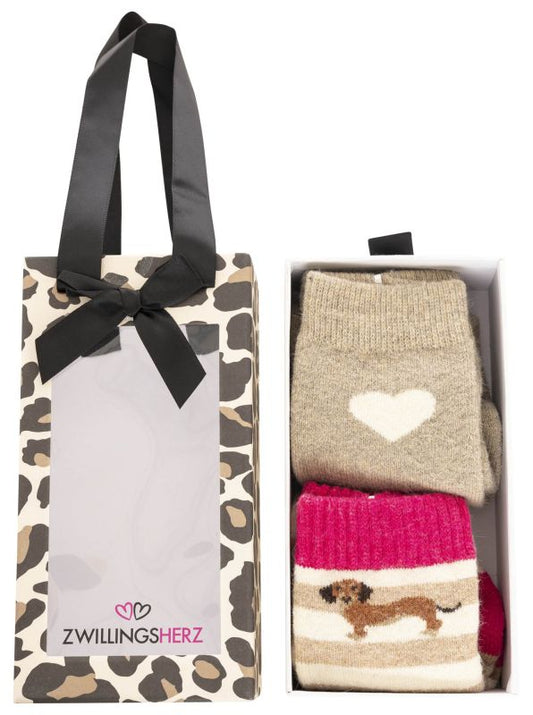 💕 Zwillingsherz "Geschenkbox Set Dackel" 2 Paar Socken Beige