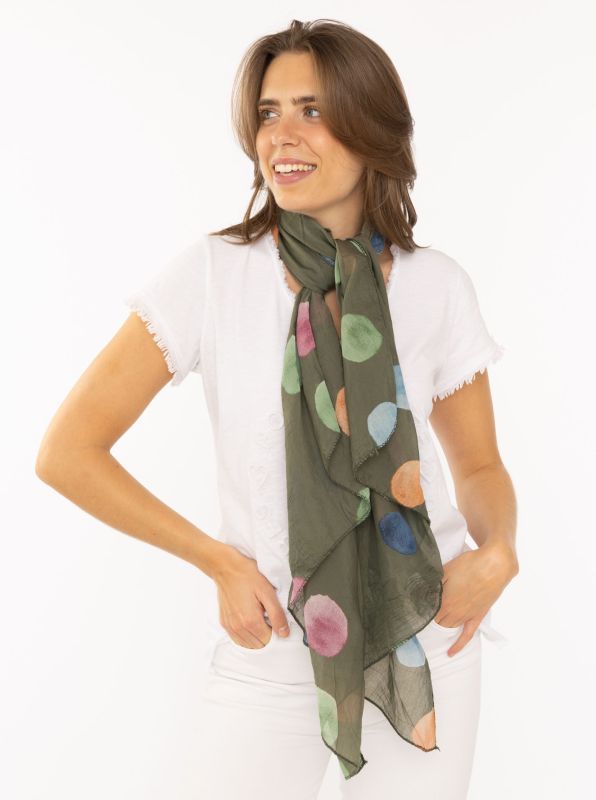 Schal Tuch "Bunte Tupfen" Baumwolle Seide Khaki