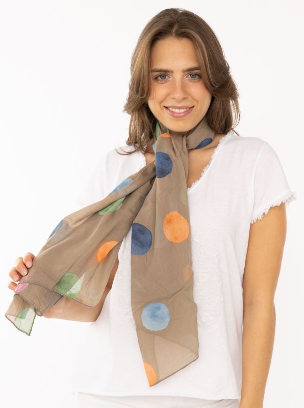 Schal Tuch "Bunte Tupfen" Baumwolle Seide Beige