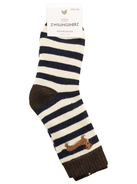 💕 Zwillingsherz Socken "Dackel & Streifen" Braun Streifen Navy