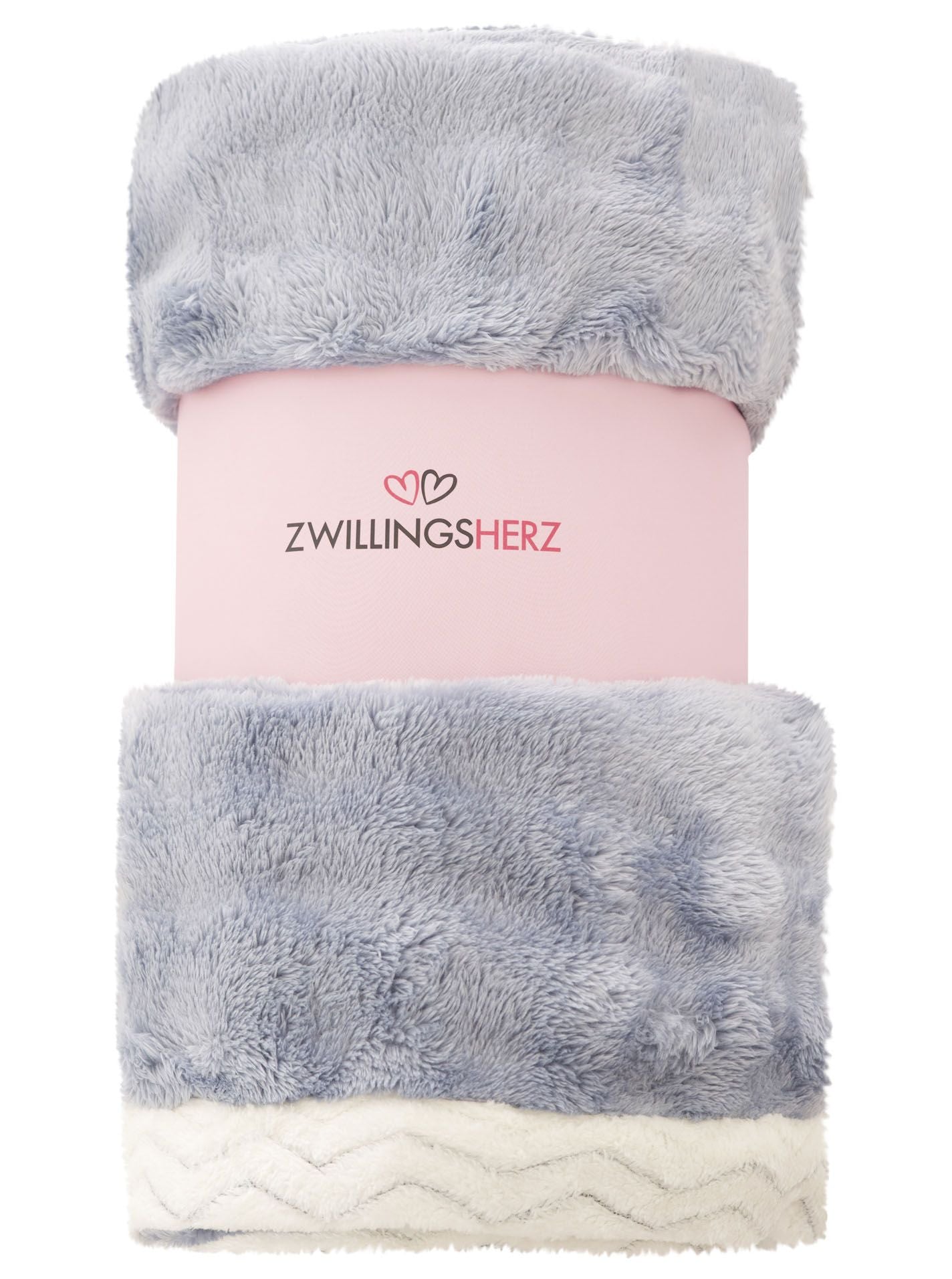 💕 Zwillingsherz Decke Kuscheldecke "Fury" Plüsch Graublau