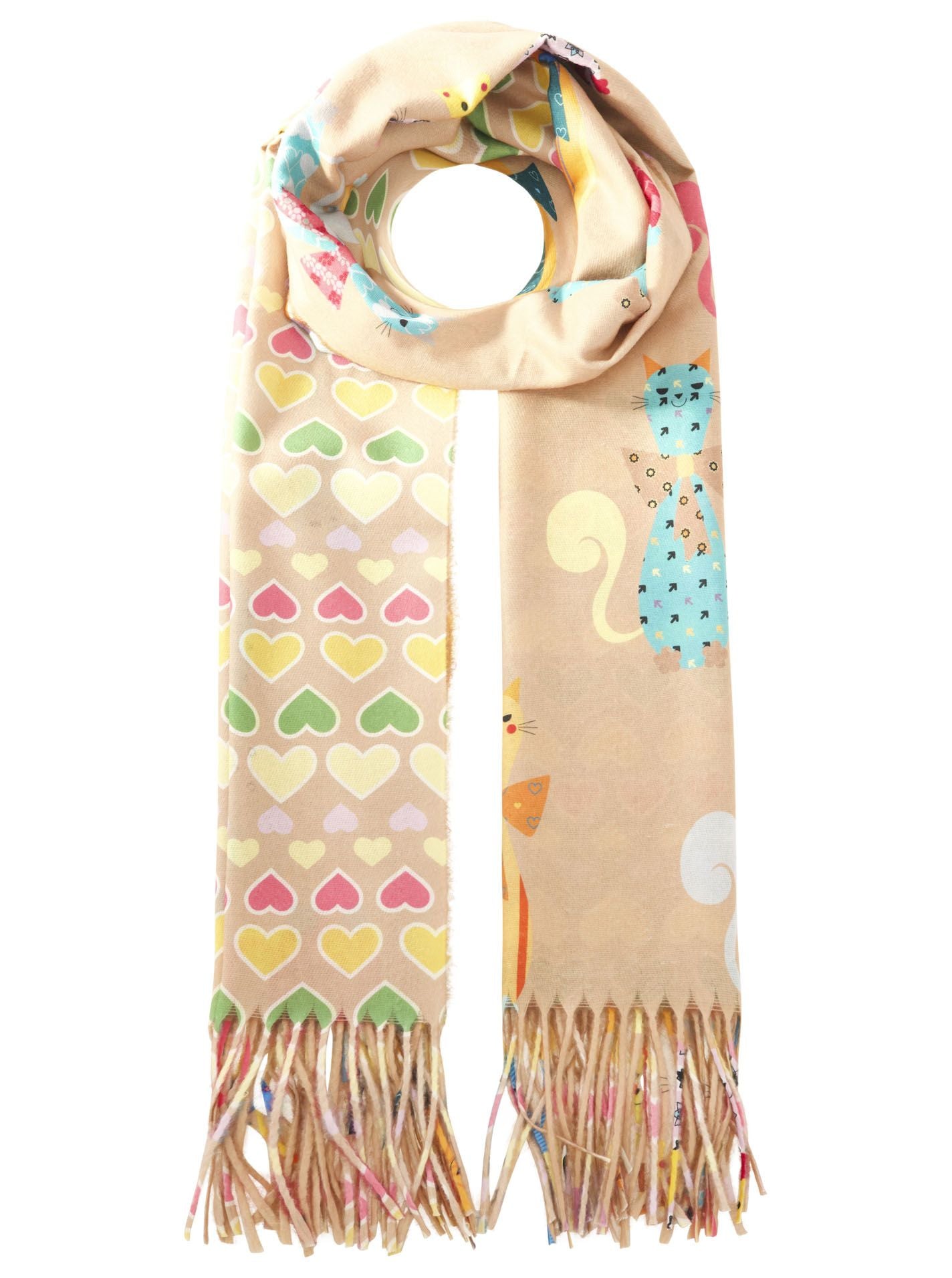 💕 Zwillingsherz Schal "Hearts & Cats" Kuschelschal Soft Beige