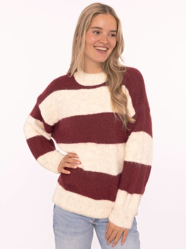💕 Zwillingsherz Kuschel Pullover "Blockstreifen" Bordeaux Beige