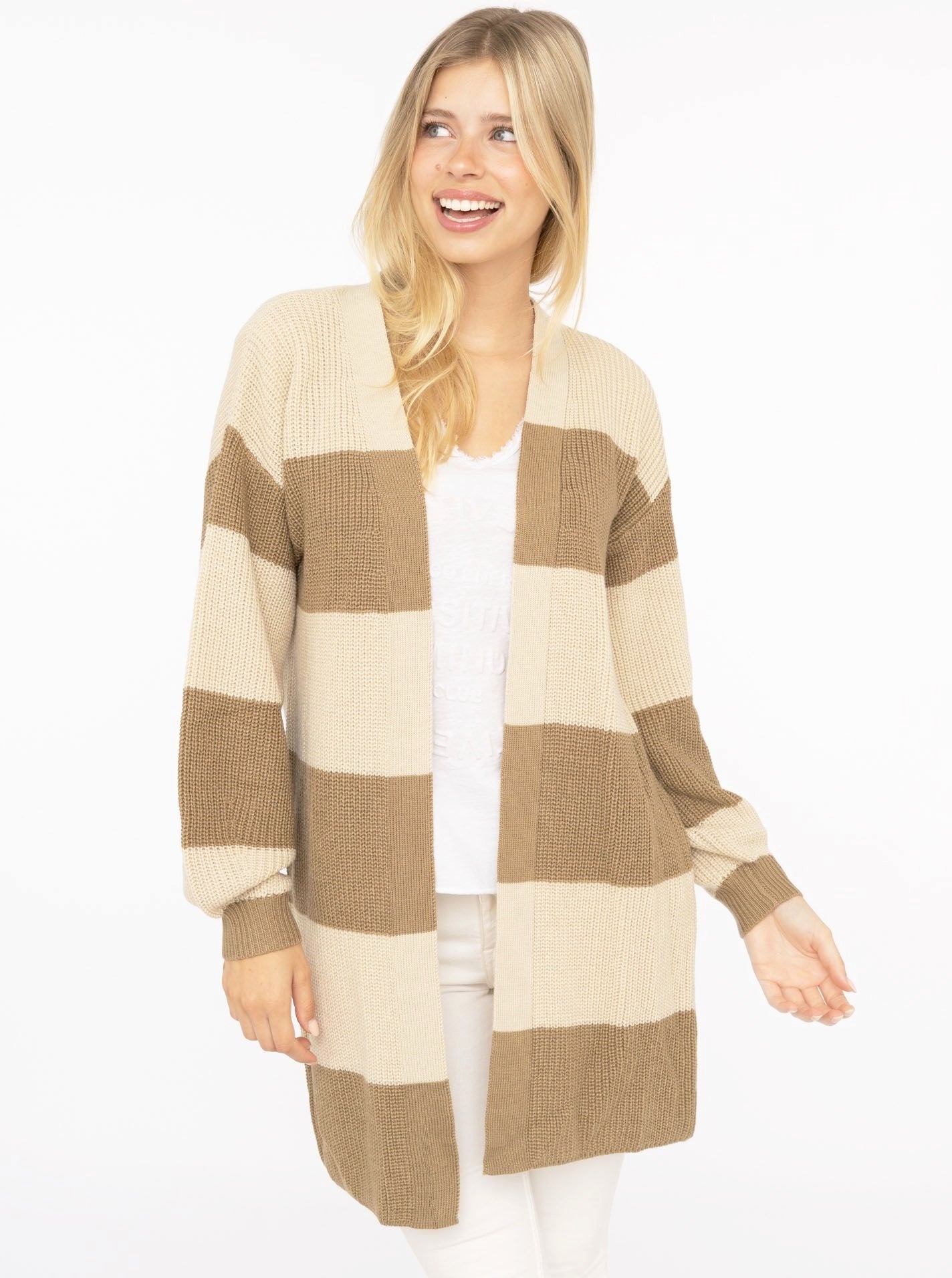 💕 Zwillingsherz Strickjacke "Blockstreifen" Merinowolle Beige