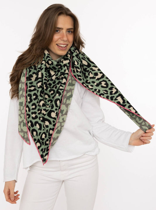 💕 Zwillingsherz Dreieckstuch "Kristine" Baumwolle Leo Khaki Neonrand Pink