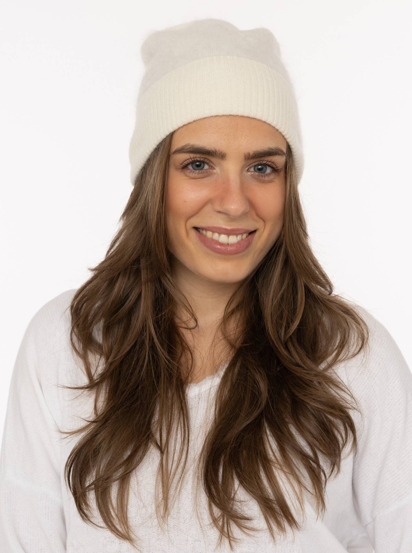💕 Zwillingsherz Mütze Beanie "100 % gebürstetes Kaschmir" Creme
