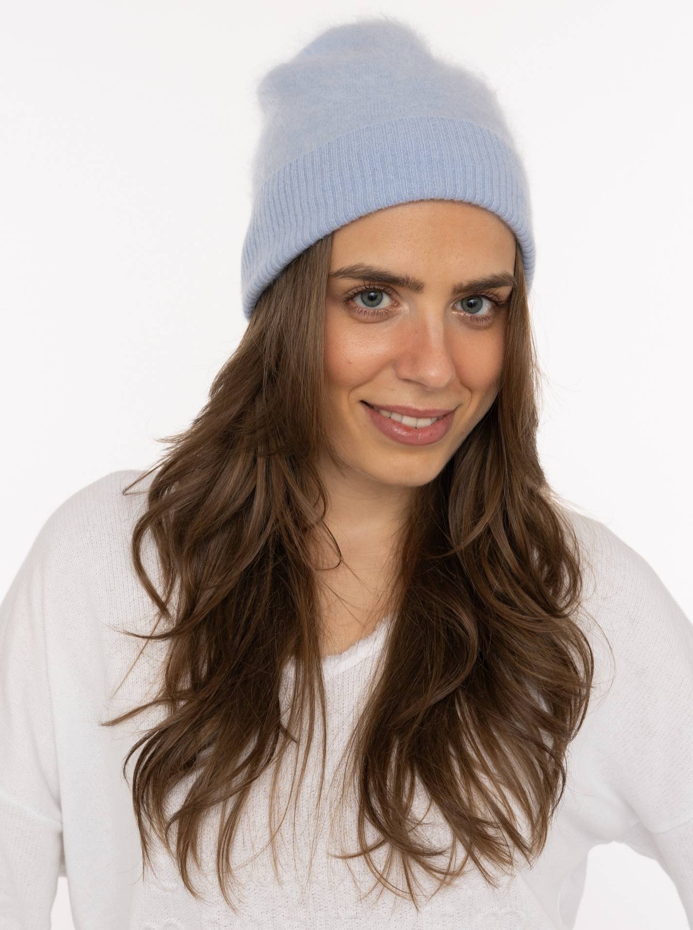 💕 Zwillingsherz Mütze Beanie "100 % gebürstetes Kaschmir" Hellblau