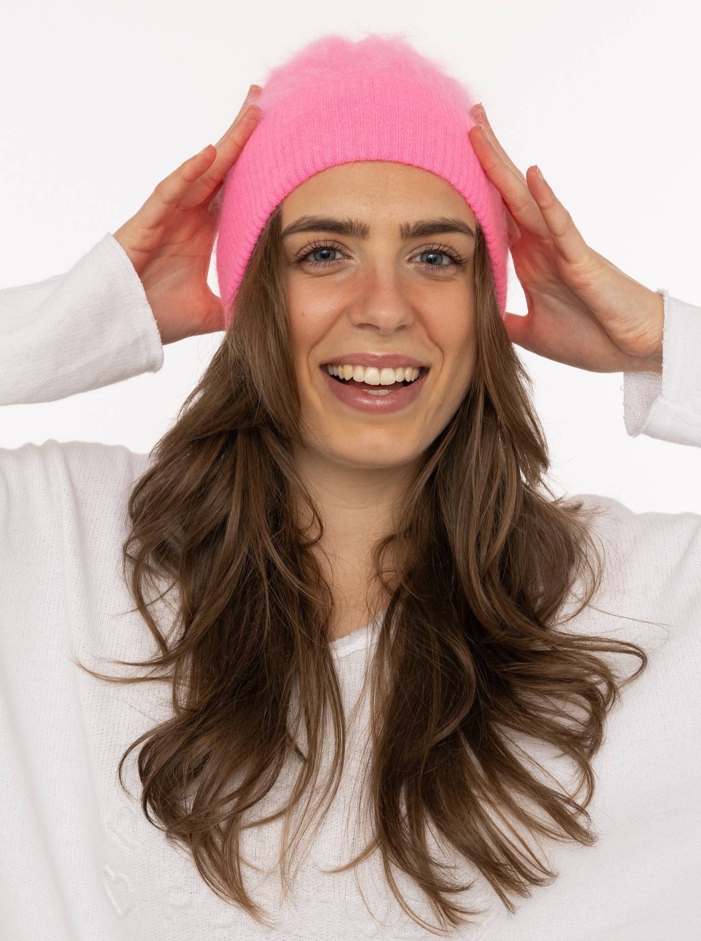 💕 Zwillingsherz Mütze Beanie "100 % gebürstetes Kaschmir" Neonpink