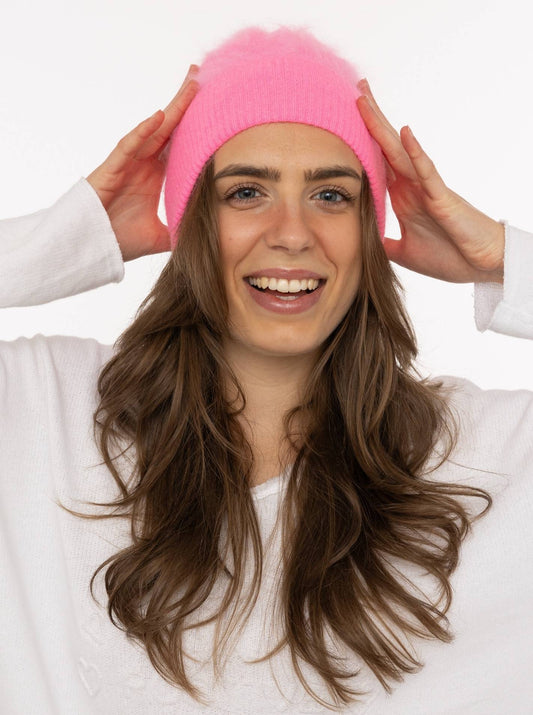 💕 Zwillingsherz Mütze Beanie "100 % gebürstetes Kaschmir" Neonpink