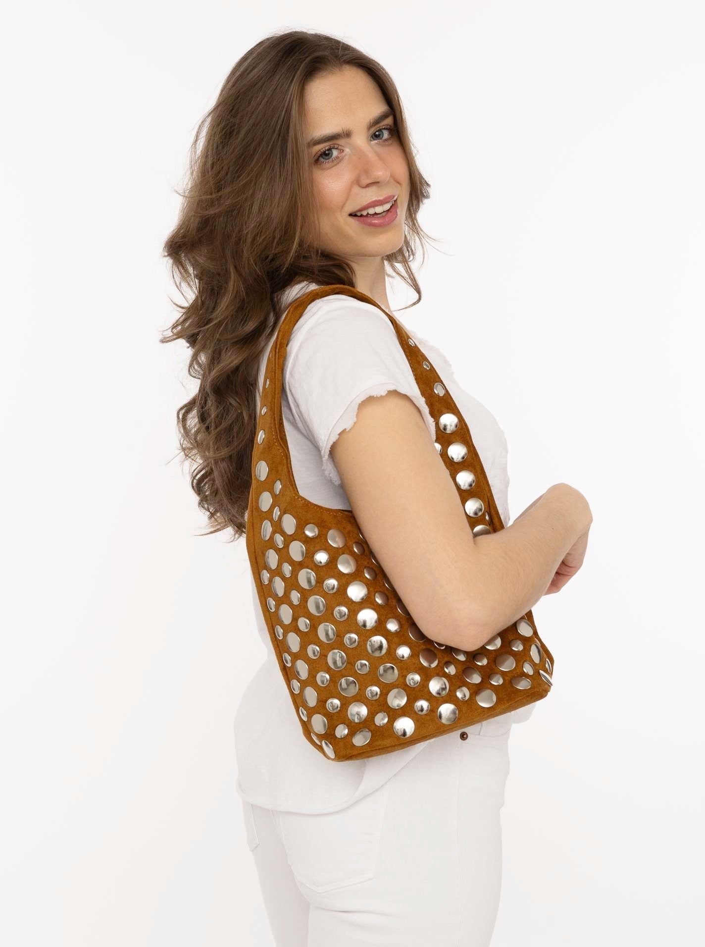 💕 Zwillingsherz Velour Shopper Boxy "Nieten" Braun