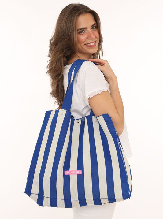 💕 Zwillingsherz Tasche Shopper "Streifen & Patch" Blau