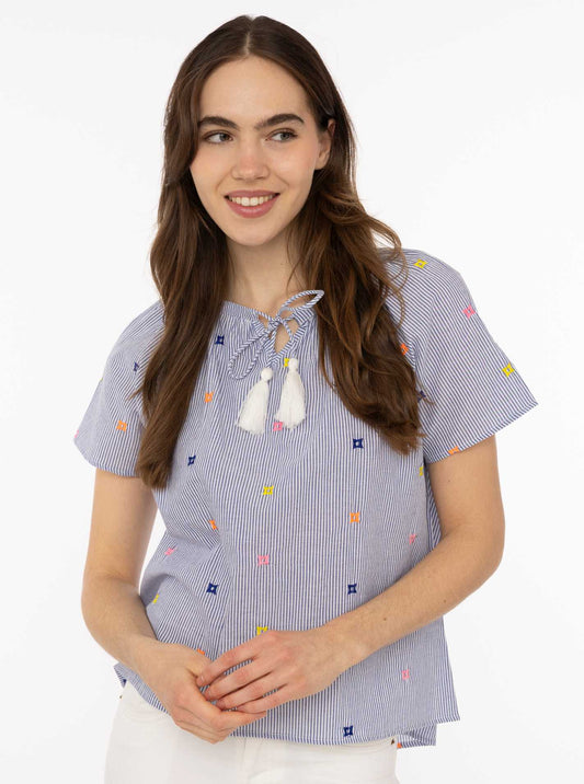 💕 Zwillingsherz Bluse Kurzarm "Stripes & Stitch" Blau