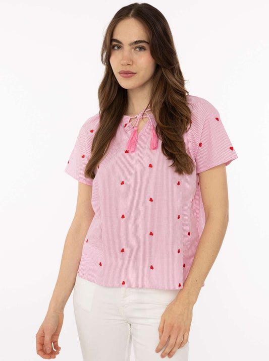 💕 Zwillingsherz Bluse Kurzarm "Stripes & Stitch Herz" Pink