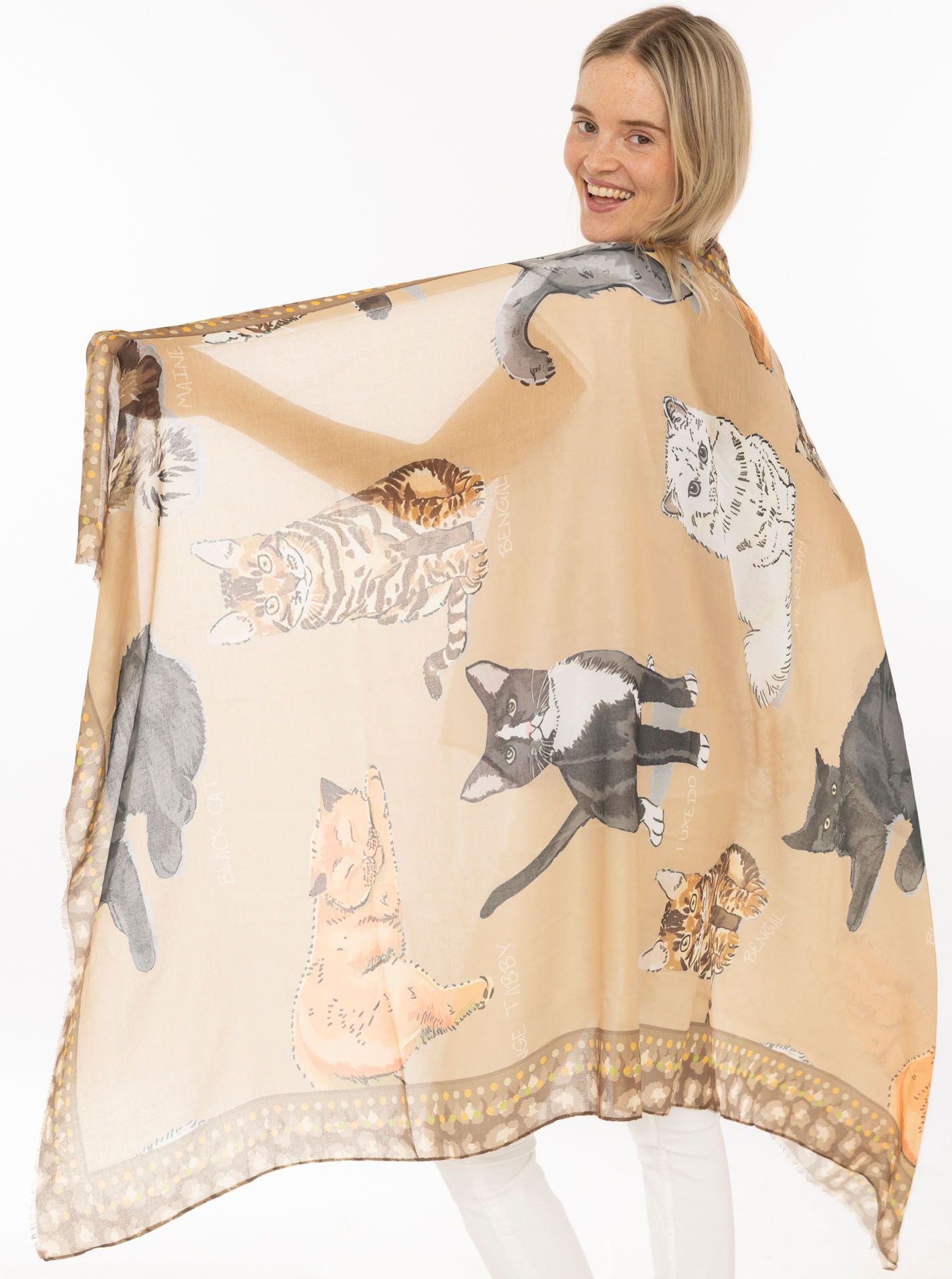 💕 Zwillingsherz Tuch Viskose Mix "Cats" Beige