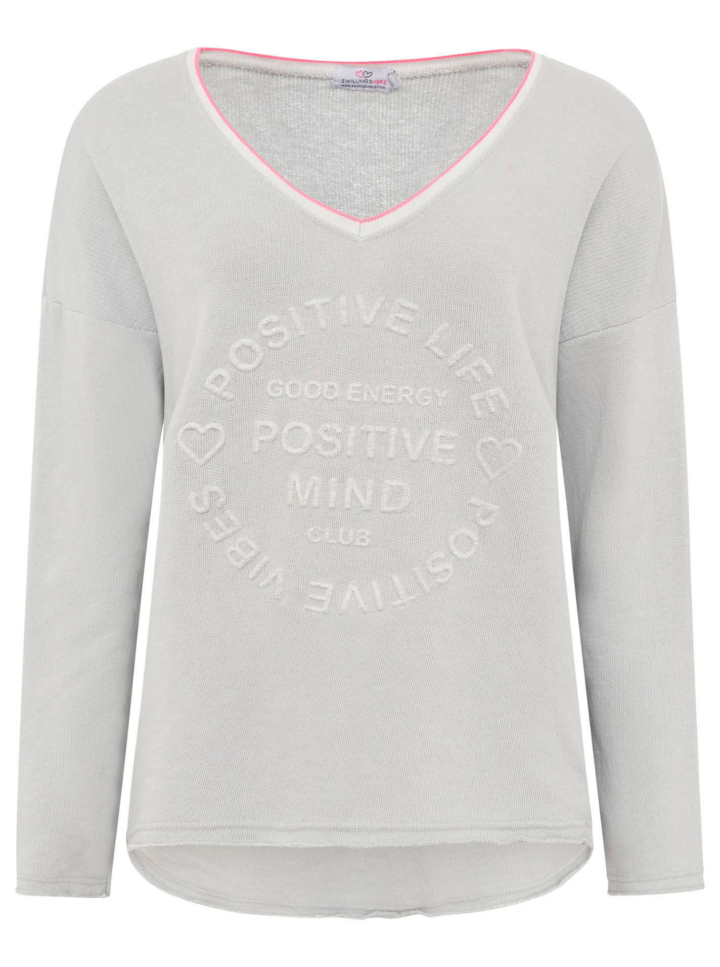 💕 Zwillingsherz Pullover Sweater Neonkante "Positive Mind" Baumwolle Hellgrau