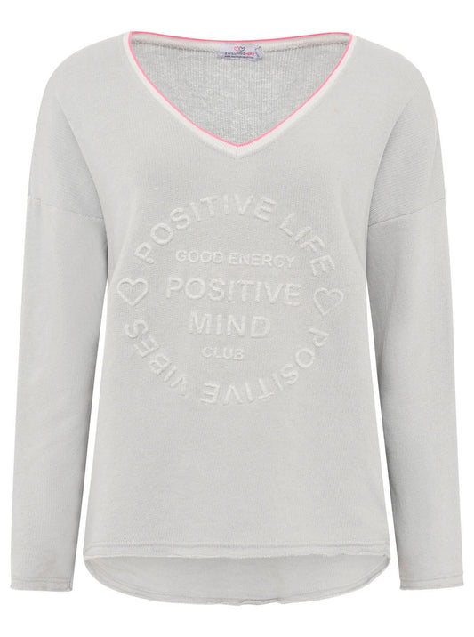 💕 Zwillingsherz Pullover Sweater Neonkante "Positive Mind" Baumwolle Hellgrau