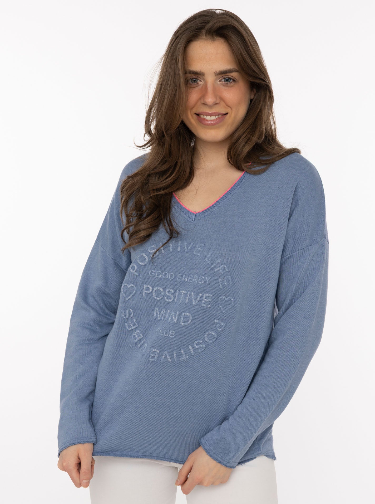 💕 Zwillingsherz Pullover Sweater Neonkante "Positive Mind" Baumwolle Jeansblau
