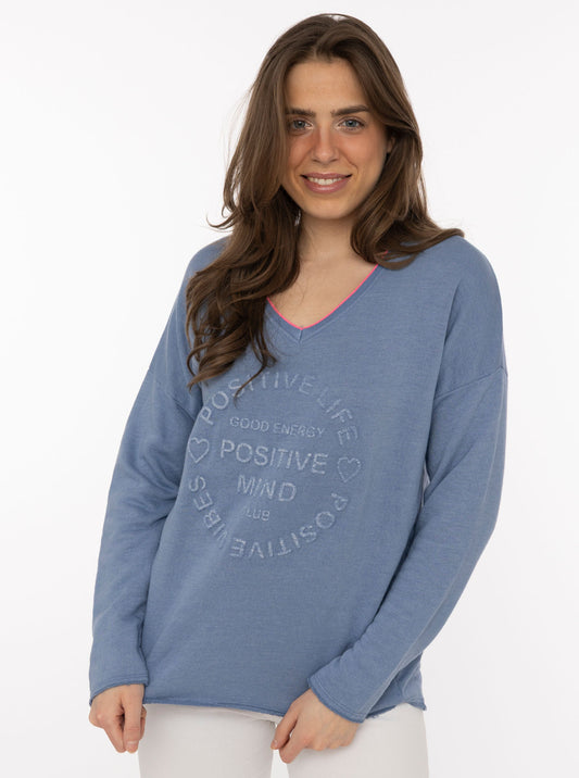 💕 Zwillingsherz Pullover Sweater Neonkante "Positive Mind" Baumwolle Jeansblau