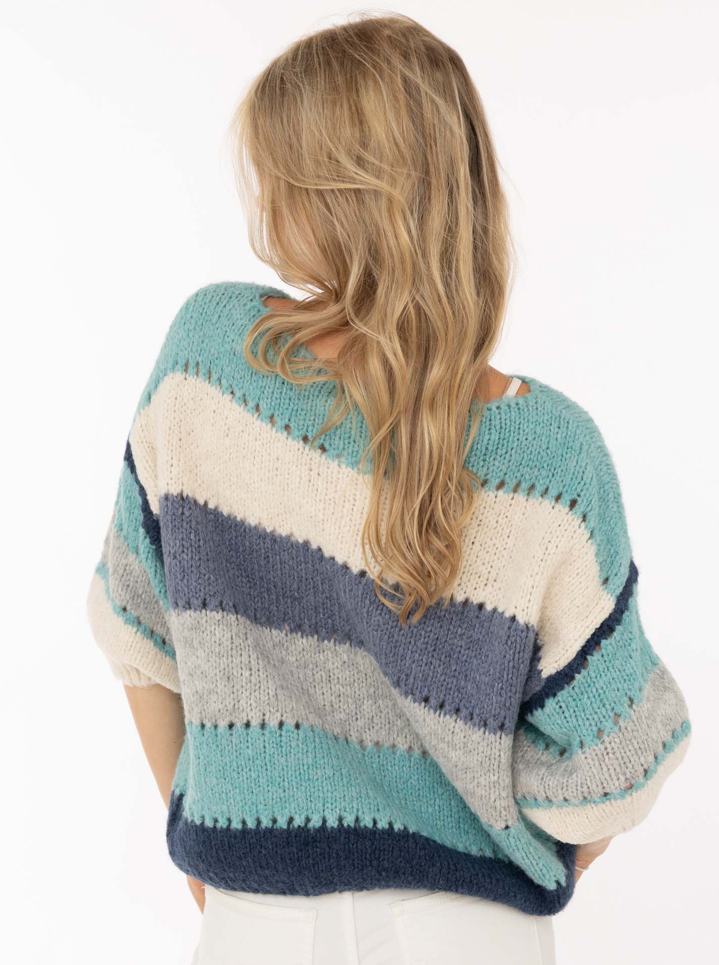 💕 Zwillingsherz Pullover Pulli "Bunte Streifen" Türkis