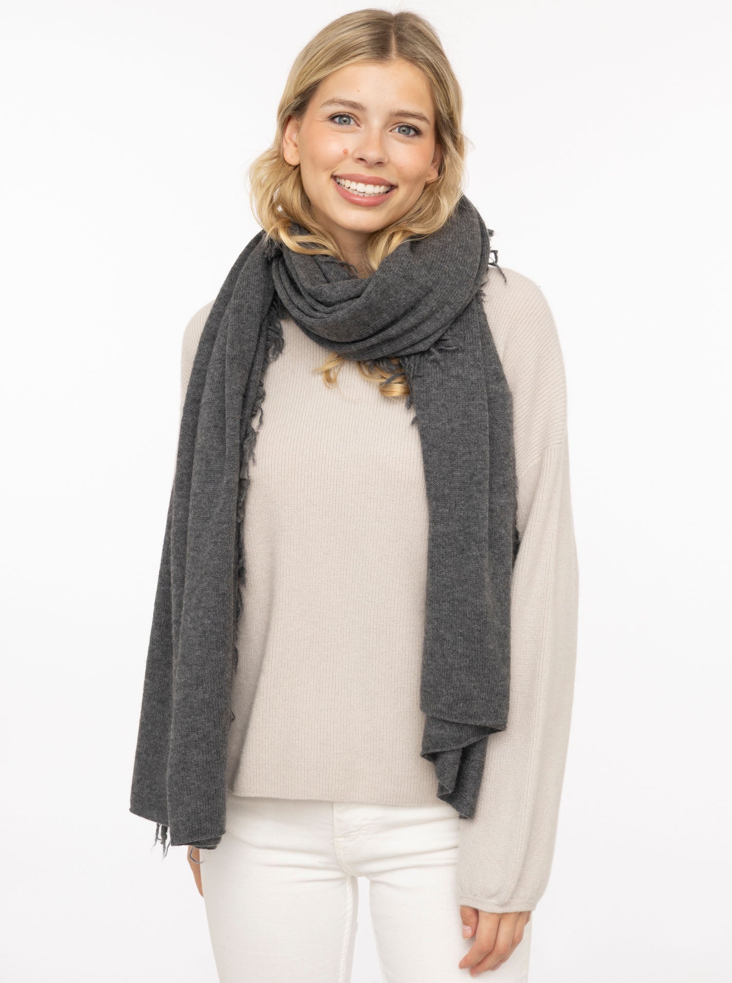 Zwillingsherz XXL Fransenschal "100 % Cashmere" Schal Kaschmir Anthrazit