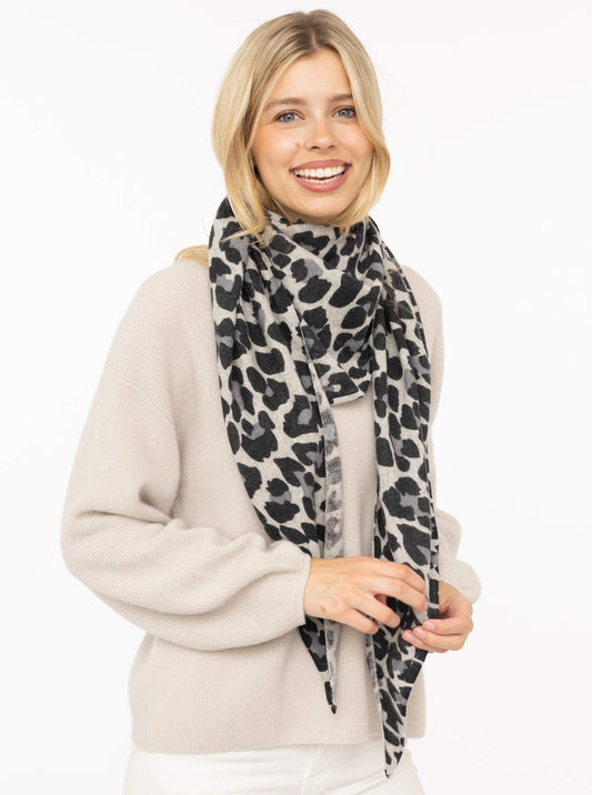 💕 Zwillingsherz Dreieckstuch 100 % Kaschmir "Leo Print" Kaschmir Hellgrau