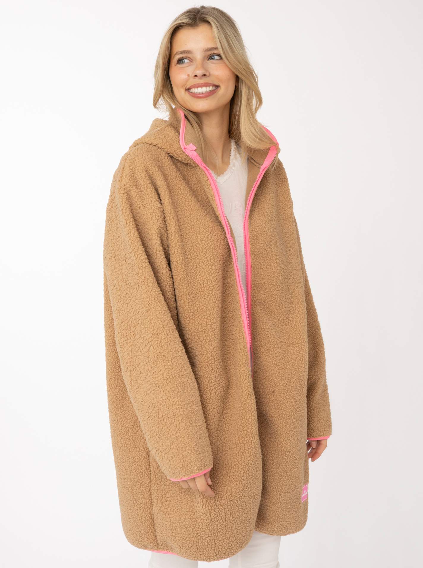 💕 Zwillingsherz Teddy Hoodiemantel "ZH Stick" Mittelbeige