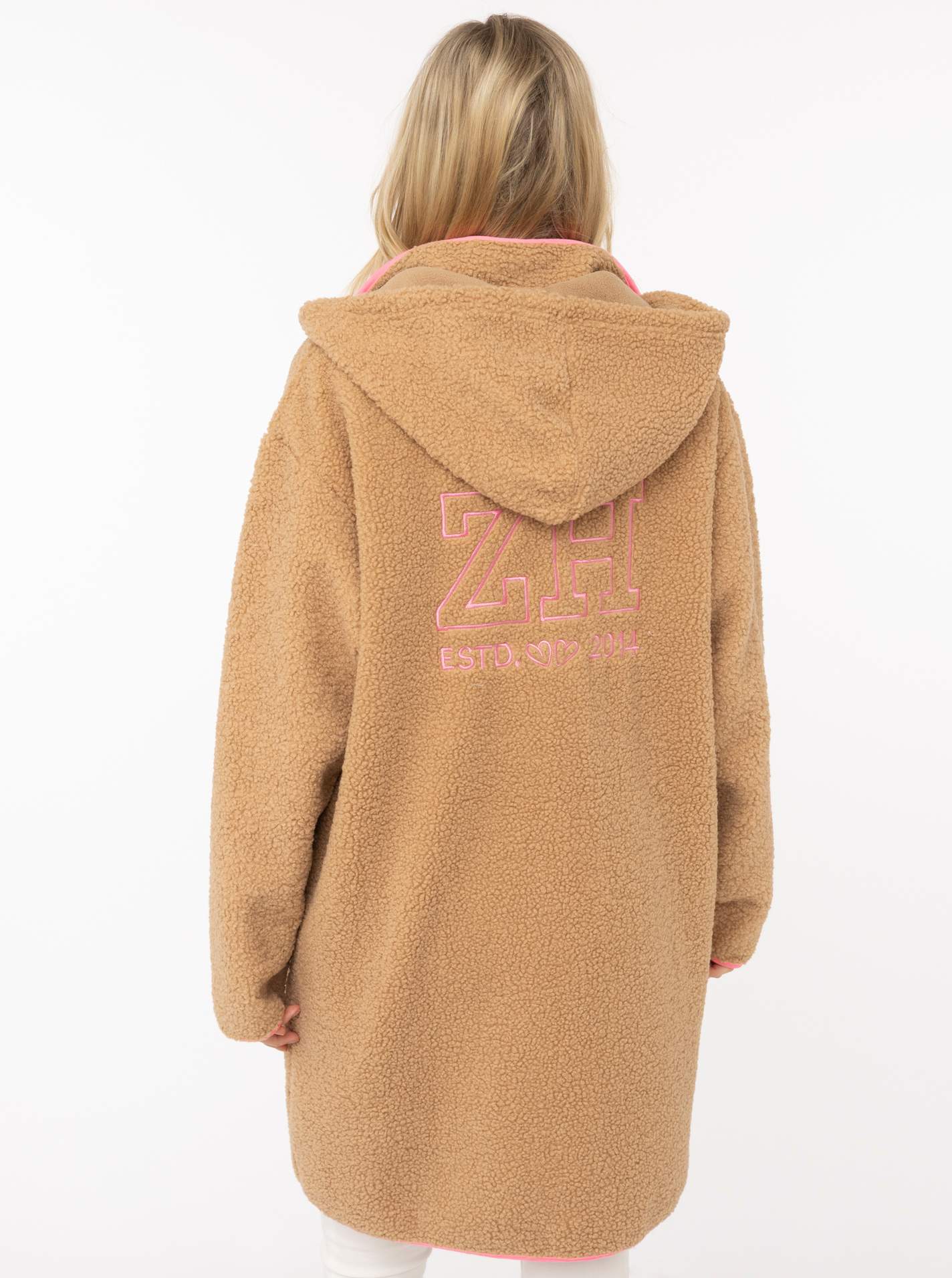 💕 Zwillingsherz Teddy Hoodiemantel "ZH Stick" Mittelbeige