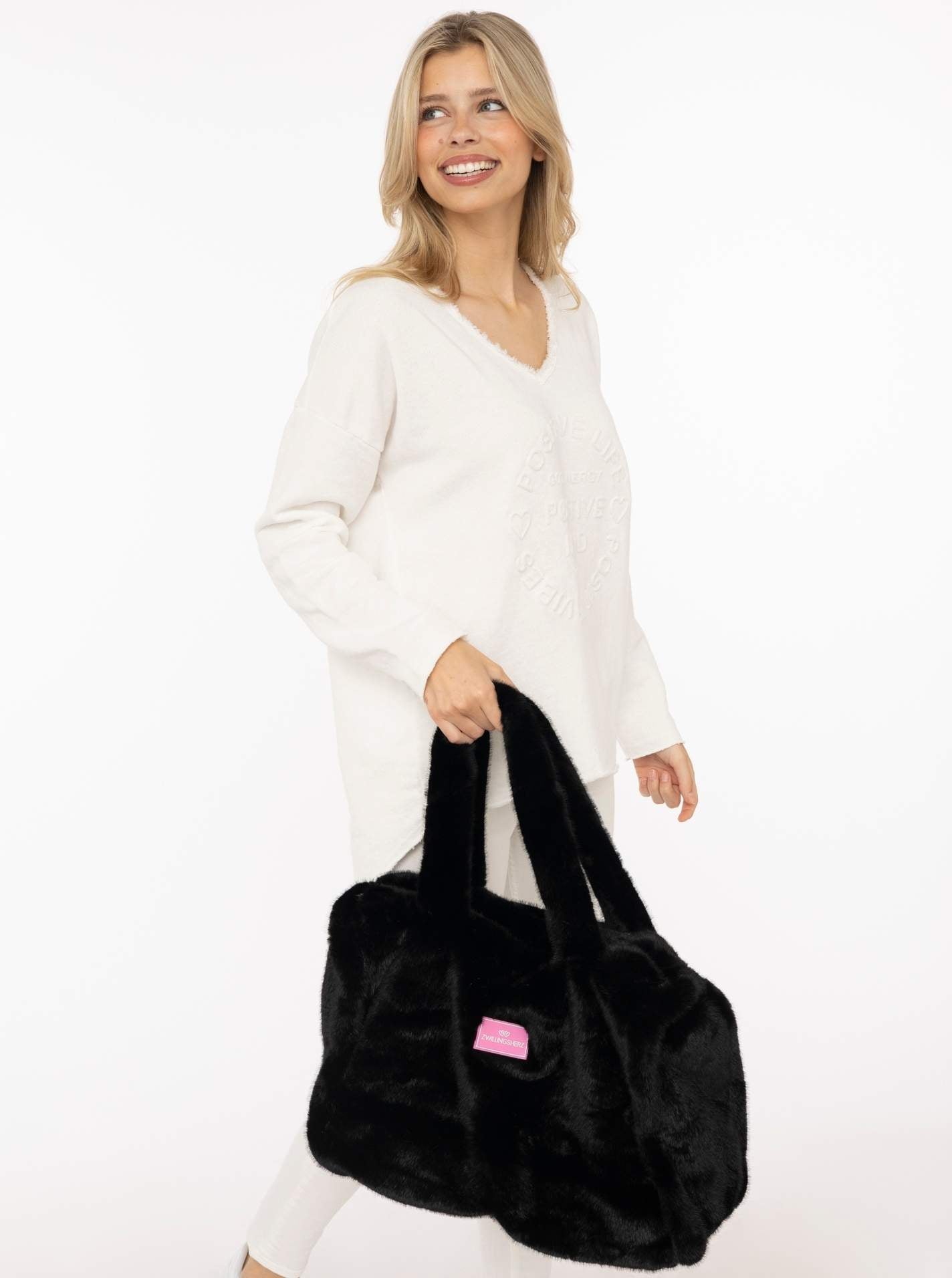 💕 Zwillingsherz Shopper XXL Fake Fur "Samtweich" Schwarz