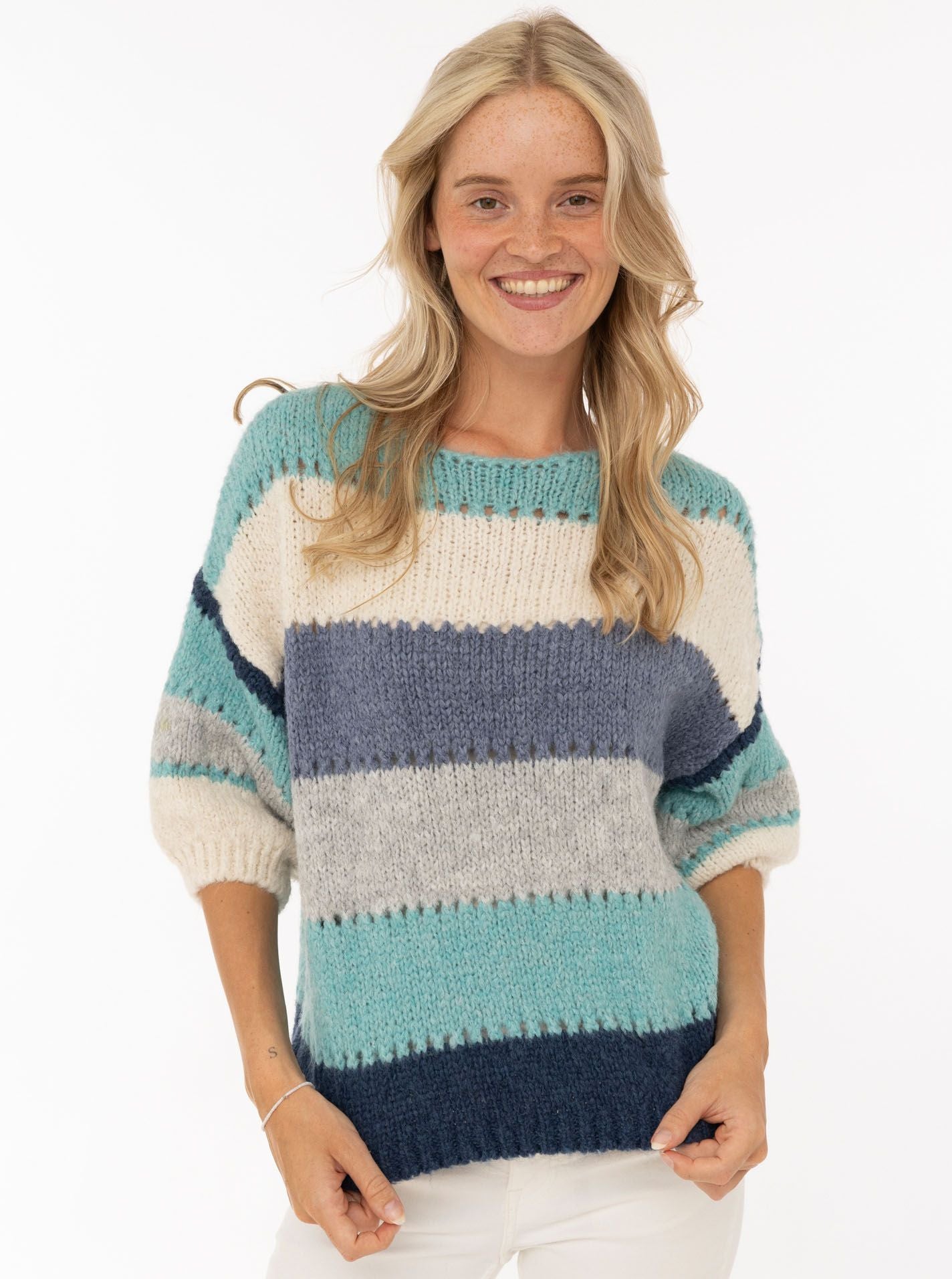 💕 Zwillingsherz Pullover Pulli "Bunte Streifen" Türkis