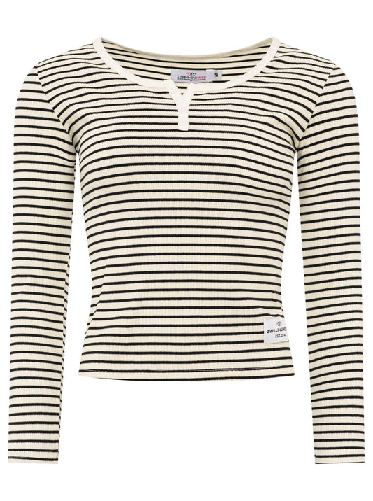 💕 Zwillingsherz Langarm Shirt Lounge Feine Rippe "ZH Streifen" Weiß