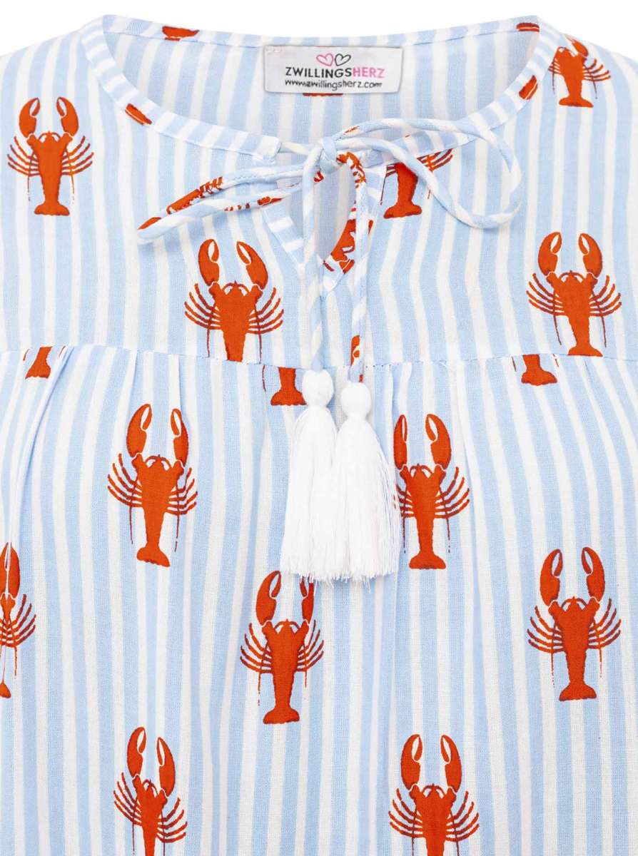 💕 Zwillingsherz Bluse "Lobsters & Stripes" 100 % Viskose Blau