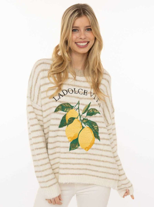 💕 Zwillingsherz Pullover "Lemons" Rundhals Viskose Beige