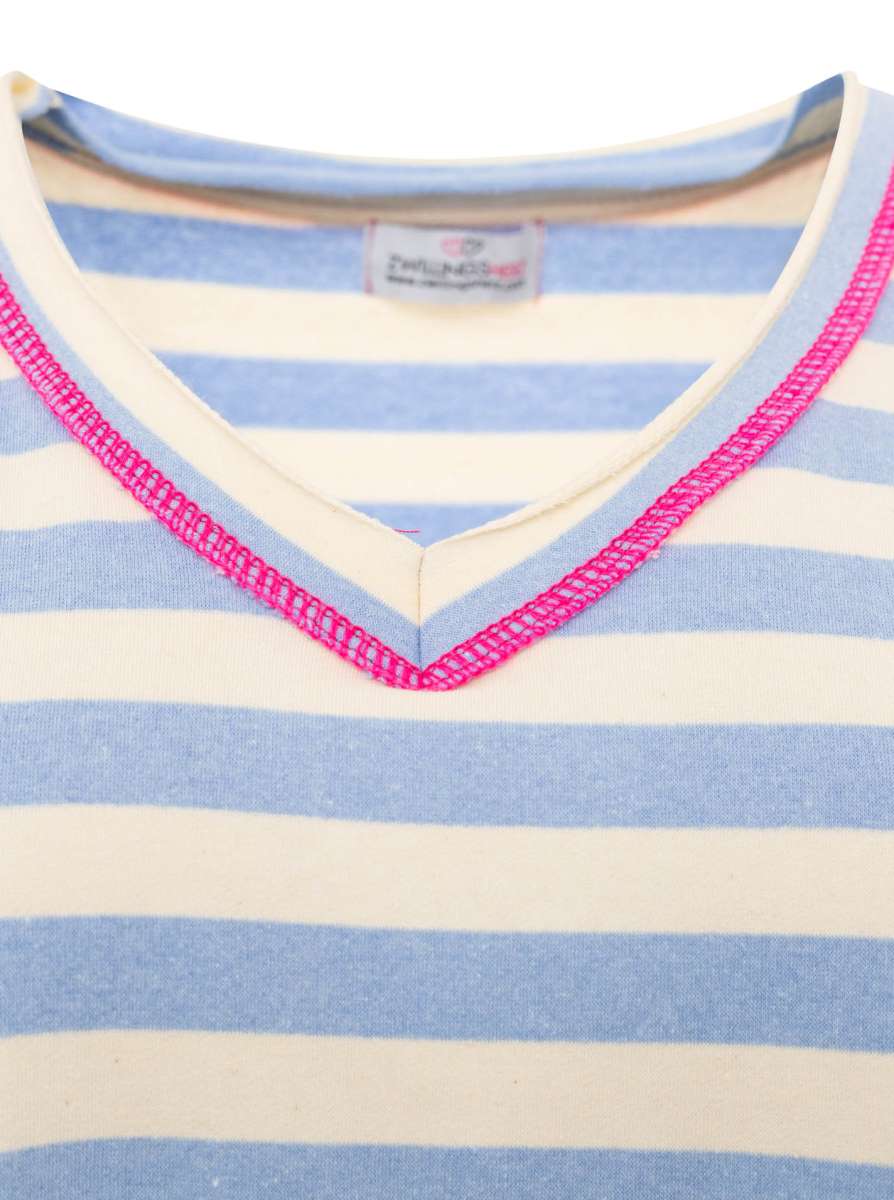 💕 Zwillingsherz Sweatshirt "Neon Streifen" V-Neck Sweater Oversize Hellblau