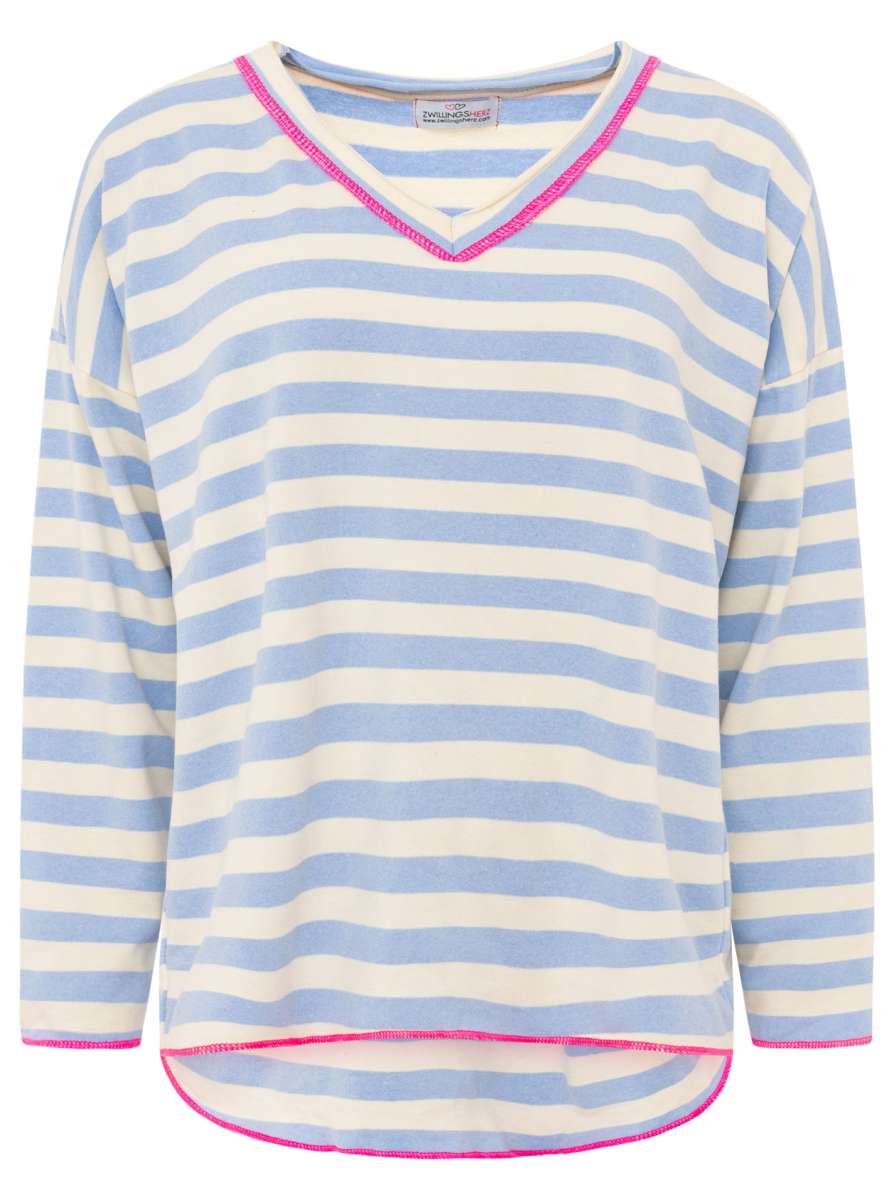 💕 Zwillingsherz Sweatshirt "Neon Streifen" V-Neck Sweater Oversize Hellblau