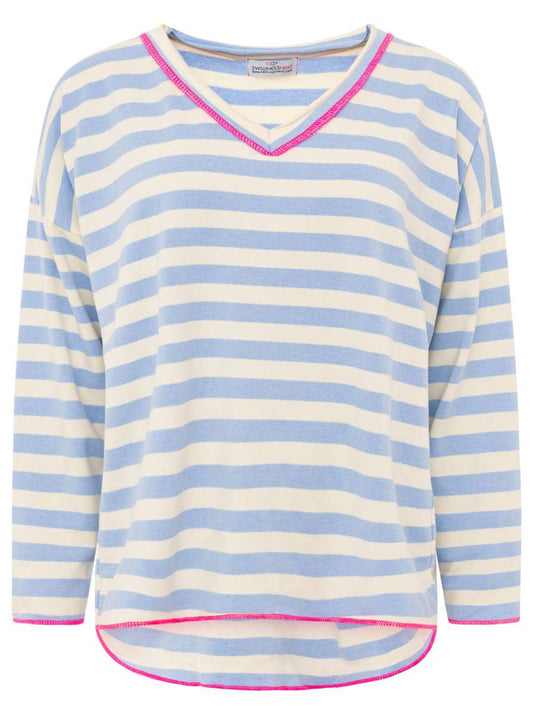 💕 Zwillingsherz Sweatshirt "Neon Streifen" V-Neck Sweater Oversize Hellblau