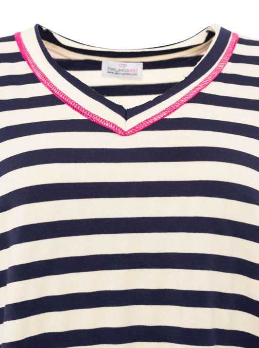 💕 Zwillingsherz Sweatshirt "Neon Streifen" V-Neck Sweater Oversize Navy