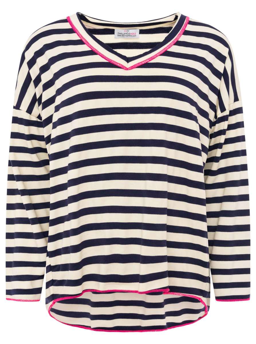 💕 Zwillingsherz Sweatshirt "Neon Streifen" V-Neck Sweater Oversize Navy